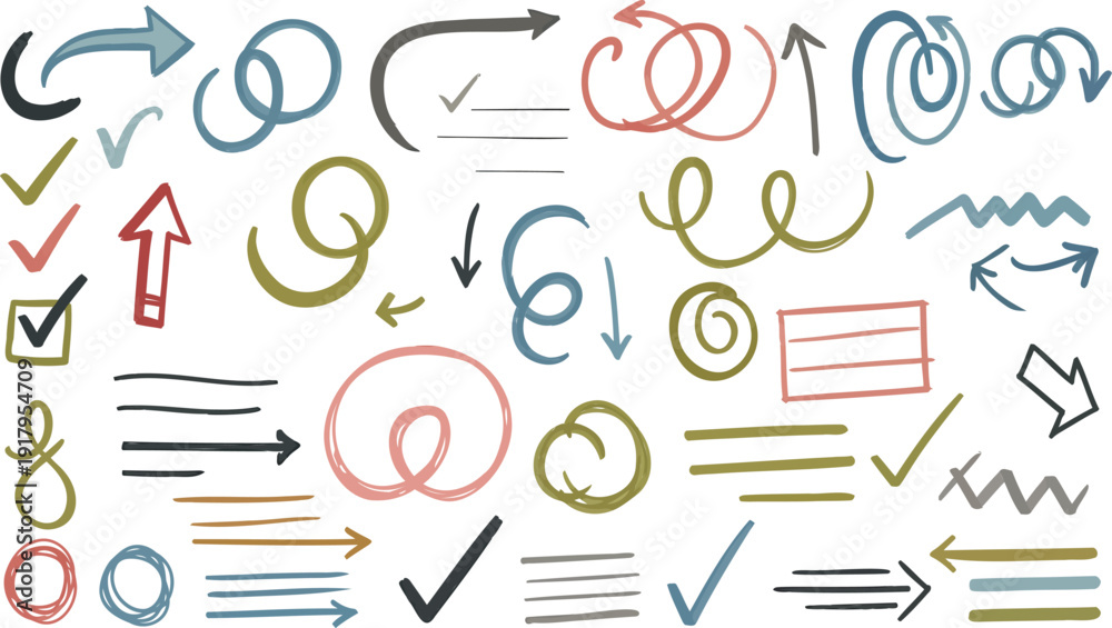 Colored hand drawn check marks arrows and swirls for business ...