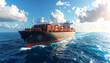 © Prayoga - Side view of a massive cargo ship on the left, endless ocean filling the rest of the frame, slightly cloudy sky background