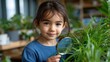 © Mariia - Curious child examining green plant with magnifying glass indoors. Early science education concept, biology study and exploration of nature