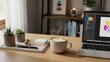 © Khan - Cozy workspace with laptop, coffee, plants, and notepad on wooden desk in modern home office with blurred background with productivity and technology