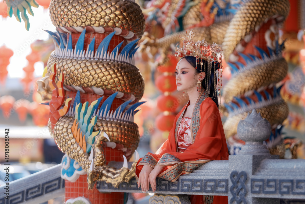 ภาพถ่าย Stock Beautiful young woman wearing traditional Chinese dress ...