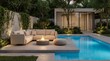© Love 4 YOU - Modern outdoor living space with a swimming pool and contemporary sectional sofa by a fire pit