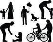 © AVIJIT - Family silhouettes showing parents and children with activities like walking, biking, holding hands, playing, and spending quality time together outdoors.