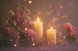 © Zanna - Spring blooming flowers with glowing candles in warm golden evening light creating romantic festive atmosphere for easter womens day celebration greeting cards, holiday banners, invitations seasonal