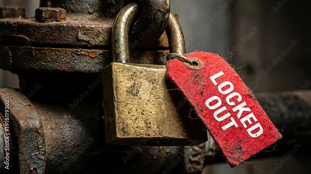 Safety lockout tagout procedure on industrial machinery with a brass ...
