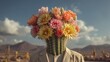 © julia_diak - Man with cactus head and flower bouquet stands in desert. Unique surreal art blends nature and human form. Video captures vibrant colors and whimsical atmosphere.