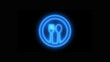 © iexpert360 - A vibrant blue neon light icon illustrating a dinner plate with a fork and spoon for restaurant, cafe, or dining applications, perfect for modern digital design isolated on black background.