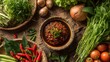 © Plaifah - Fresh Organic Vegetables and Spicy Chili Sauce on Wooden Table Surrounded by Greenery and Fresh Produce, Ideal for Culinary Illustrations and Food Photography