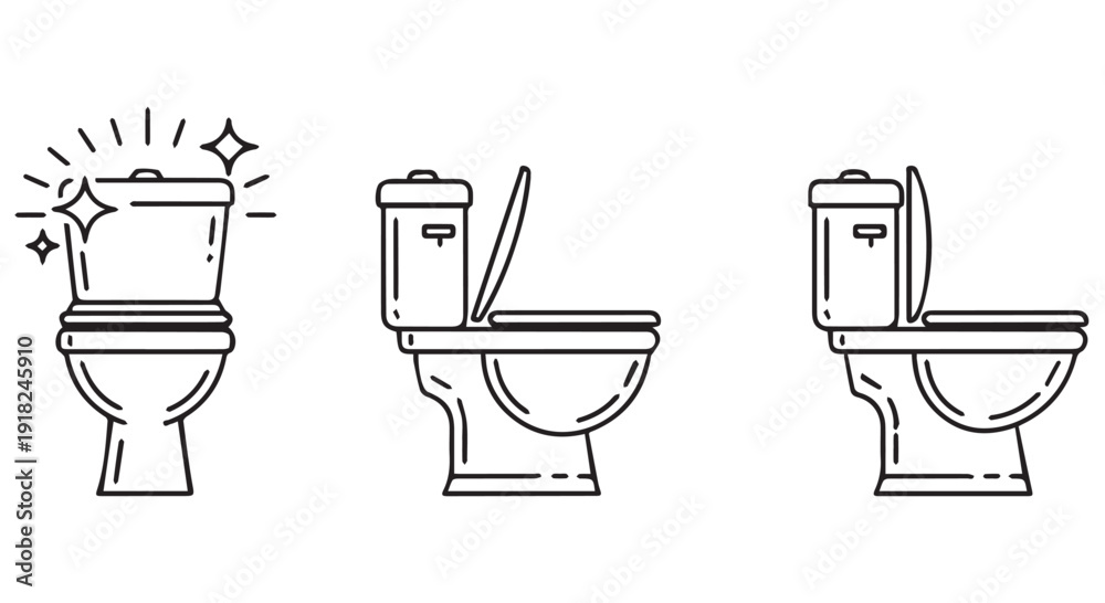 Toilet Process Visual Three stages of a toilet flushing process illustrated in line art ...