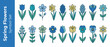 © Monita - Vector Icon Set of 36 Spring Flowers and Blossoms in Flat Design Style. Features Tulips, Daffodils, Hyacinths, Pansies, and Crocuses in Corporate Blue and Teal Accents for Graphic Design Projects.