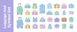 © Mim - Comprehensive Vector Icon Set of 24 Luggage and Suitcase Items in Flat Design with Pastel Colors; Includes Rolling Suitcases, Backpacks, Duffel Bags, Handbags, Briefcases, and Travel Accessories.