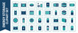 © Hamza - Vector Icon Set of 32 Energy Storage Batteries and Cells in Flat Design Duotone Style. Includes Car Batteries, AA, Button Cells, Solar Power Storage, Lithium-ion Units, and Industrial Power Solutions.
