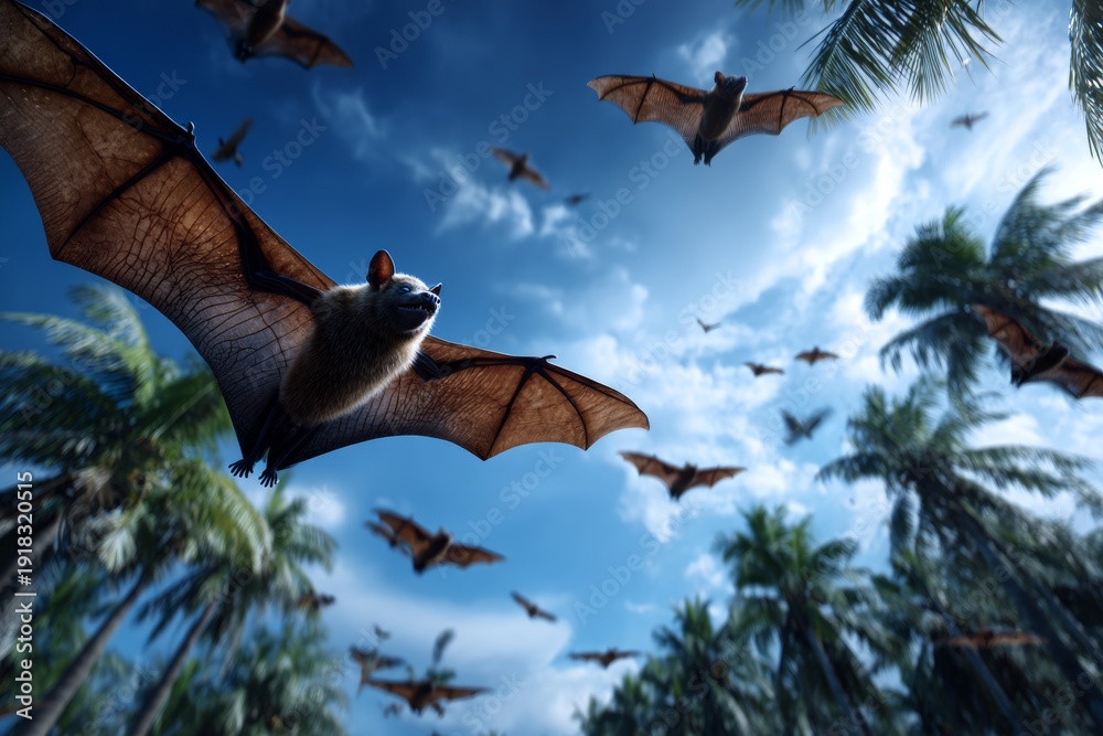 Realistic Portrayal of Fruit Bats Flying Over a Tropical Forest During ...