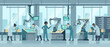 © raja - Flat vector illustration of a high-tech robotics lab with diverse engineers programming mechanical arms, using tablets and control panels to manage automated production in a modern smart factory.