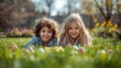 © Beate Vogl - Zwei glückliche Kinder suchen im Garten nach Ostereiern