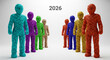 © Inspire Shots Hub - Row of colorful human-shaped figures made of intertwined strands. The year '2026' is displayed above, representing future timeline, forecast or prediction