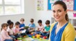 © Steven - Smiling young female teacher standing in front of a classroom of diverse children engaged in playful learning activities together.