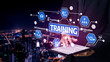 © InfiniteFlow - This image showcases a modern training concept with graphic overlays symbolizing education, skill enhancement, and e-learning, set against a vibrant city skyline at night. Tessel