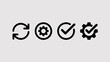 © Raian - A sequence of four distinct black icons are displayed against a light gray background representing concepts like process and settings high quality professional detailed modern elegant