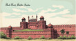 © Cil - Ilustração vetorial vintage do Forte Vermelho, um icônico monumento histórico e arquitetônico em Delhi, Índia.