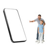© New Africa - Family looking at big smartphone with blank screen isolated on white. Father pointing at device near his son