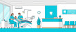 © Dina - Flat vector illustration of a modern dental clinic with a professional dentist and assistant treating a patient in a chair, featuring a reception desk, waiting area, and medical equipment.