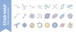 © Yara - Star Map Icon Collection Featuring 24 Pastel Flat Design Elements: Constellations, Galaxies, Stars, Moon Phases, Zodiac Signs, Telescope, Sun, Saturn, Comet, and Celestial Navigation Tools.