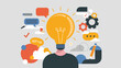 © rocky - A colorful illustration depicts a person with a glowing lightbulb for a head surrounded by symbols of ideas and innovation high quality professional detailed modern elegant