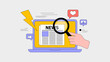 © DesignHub - A laptop displays a news article being investigated with a magnifying glass alongside notification icons and a heart symbol high quality professional detailed modern elegant stylish