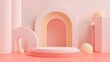 © yalli - A pastel-hued studio stage with minimalist geometric shapes archways, pillars, and spheres. The composition creates a soft, inviting atmosphere