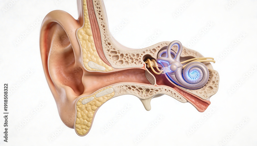 Detailed human ear anatomy cross section showing cochlea auditory canal ...