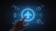 © Madison - Futuristic aviation control interface with airplane icon and digital dashboard,hand touching virtual flight navigation system on blue holographic screen for smart transport technology concept