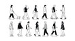 © Zaheer - Collection of diverse illustrated figures in black and white line art walking in various casual modern styles depicting daily urban pedestrian movement and activities across a plain background.