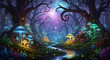 © Md - Enchanted fantasy forest with glowing mushrooms, mystical trees, and a winding stream under a starry, magical night sky.