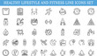 © Creative Mind - Healthy lifestyle and fitness line icons set, nutrition diet exercise wellness weight loss vector illustration isolated on white background