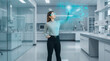 © Rendara Studio - Scientist woman interacting with holographic data interface inside modern laboratory
