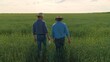 © TO LOVE - Two farmers walking in a green wheat field, Farmers inspecting crops together, Agricultural teamwork in the countryside, Rural scene with farmers and crops, Field workers discussing harvest