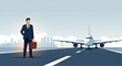 © Raat - Businessman standing on airport runway with briefcase and airplane in background cityscape visible in distance professional attire travel concept transportation theme modern