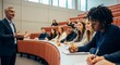 © Rahmat  - Experienced professor delivers engaging lecture to diverse university students taking notes in a modern college amphitheater focused on higher education