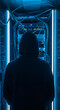 © iris - A hooded figure stands in a dimly lit server room with glowing blue lights and wires.