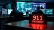 © Aqeela - Red digital display showing 911 emergency alert rests on a desk within a dimly lit control room environment.