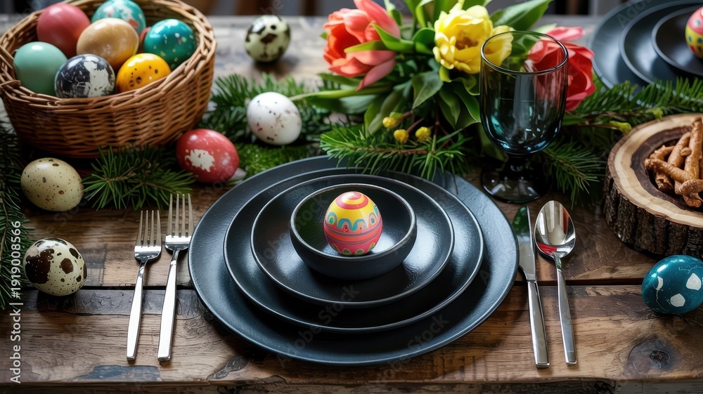An elegant Easter table is beautifully set with dark plates, a ...