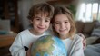 © forenna - Cheerful children holding a globe, sharing stories from around the world in a cozy home setting. Warm, inviting living room with soft couches, sunlight illuminating their faces, creating a sense of