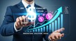 © Purwanto - Businessman interacting with a futuristic holographic display showing financial growth chart, dollar signs, and business data.