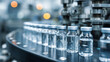 © Marvel’s Nook - Glass vials on automated medicine production line, sterile environment and biotech industry manufacturing process, vaccine bottles filling, quality control and healthcare infrastructure concept