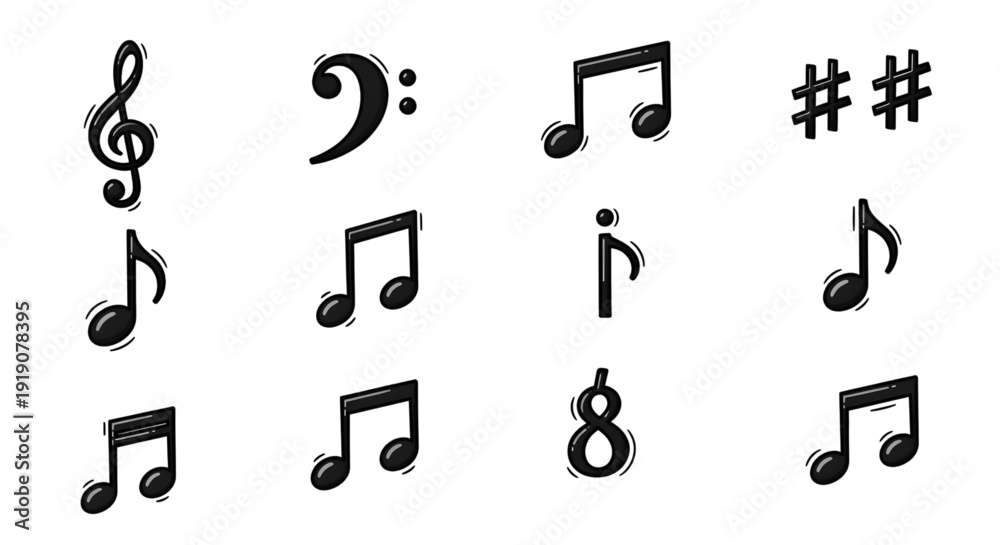 Music Notation Icons – Treble Clef, Bass Clef, Notes, Rests, and ...