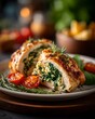 © Asawin - A delicious stuffed chicken breast, cut in half, sits on a plate, surrounded by fresh herbs and tomatoes. The chicken has been cooked to perfection and is filled with a flavorful stuffing