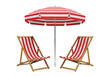 © Barny - Empty, perfectly clean, red and white striped wooden deck chairs with matching umbrella on a gray studio background, symmetrical high-angle view, concept of pristine summer leisure