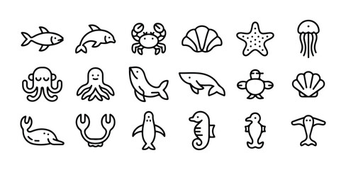 Naklejka na meble ocean animals flat icons set with fish dolphin seal whale penguin crab lobster