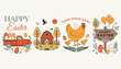 © VectorVista - Easter themed decorative panels featuring farm fresh eggs chicken and red barn with 'happy easter' text in vintage style